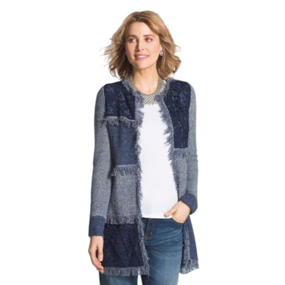 Chico’s Patchwork Blocked Lace Denalia Silk Cardigan | Small